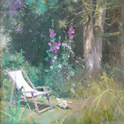 Hollyhocks-and-a-Deckchair-Oil-20-x-20