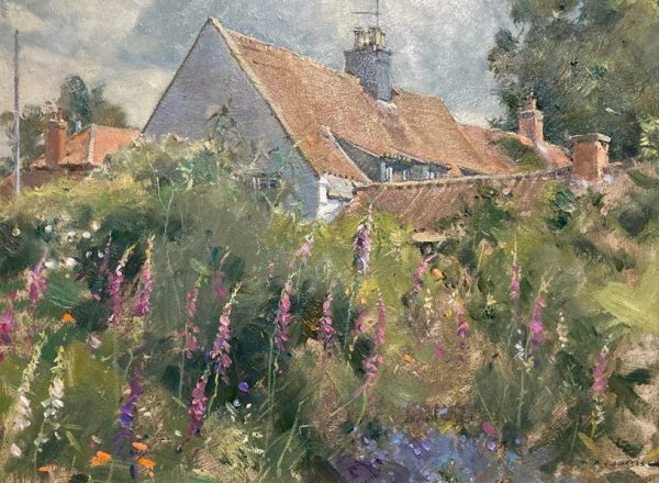 Cottage garden with foxgloves, Misson (SOLD)